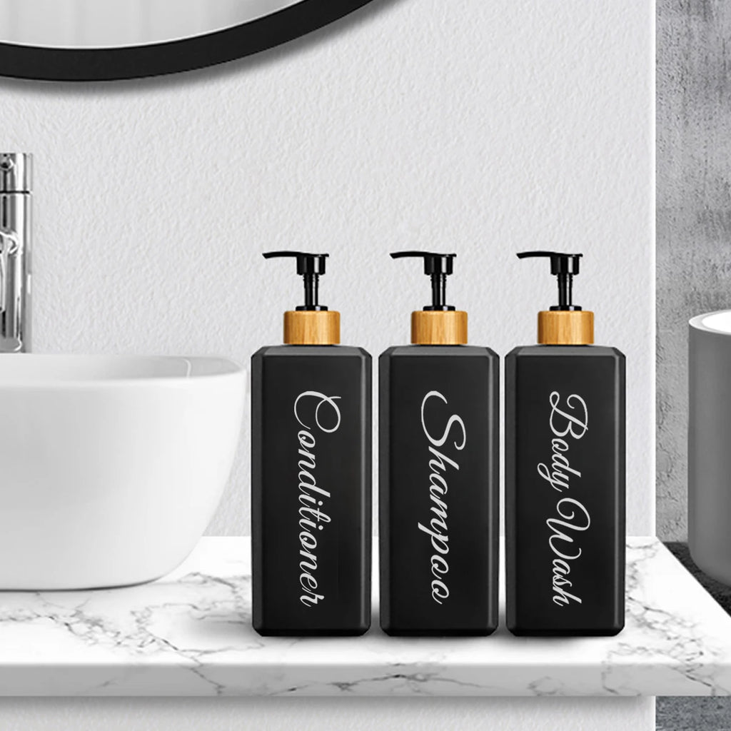 500Ml Bathroom Dispensers Square Shampoo Shower Gel Body Wash Dispensers Refillable Bamboo Pump Bottles Lotion Containers