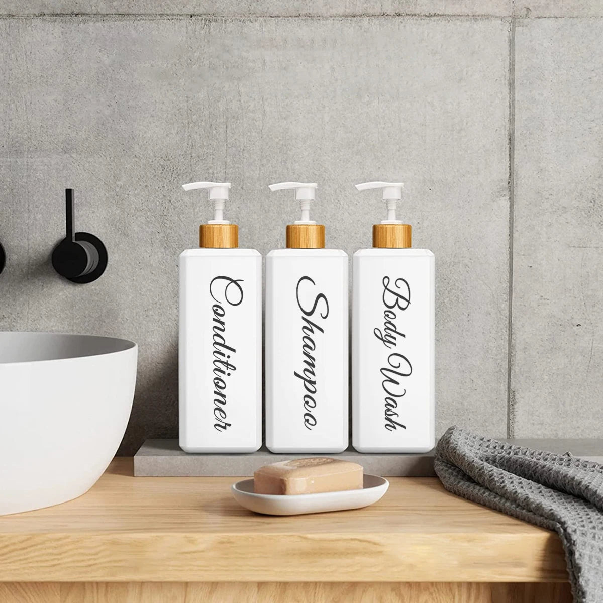 500Ml Bathroom Dispensers Square Shampoo Shower Gel Body Wash Dispensers Refillable Bamboo Pump Bottles Lotion Containers