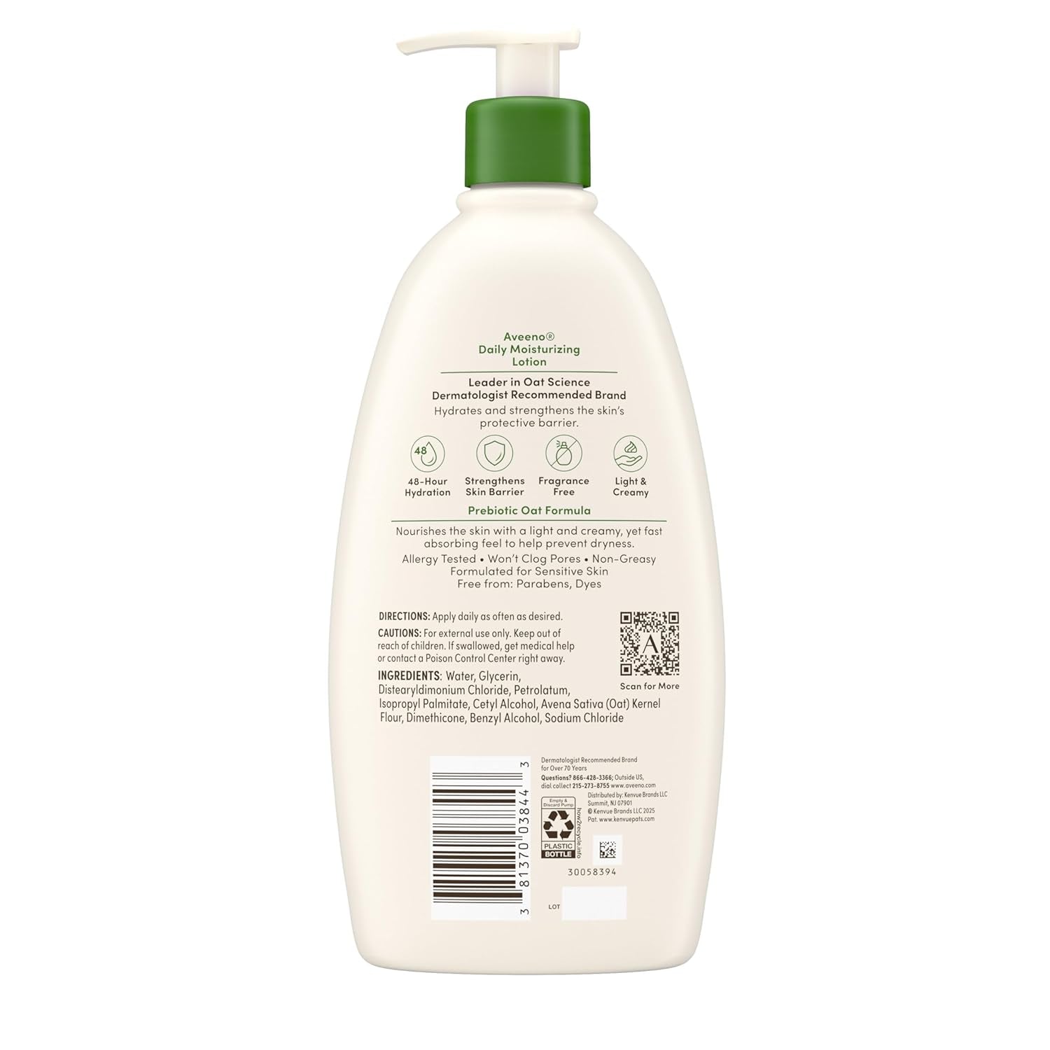 Aveeno Daily Moisturizing Body Lotion, Body Lotion for Dry Skin with Prebiotic Oat, Paraben Free, Fragrance Free, Non-Greasy, Non-Comedogenic Moisturizer, 18 FL OZ